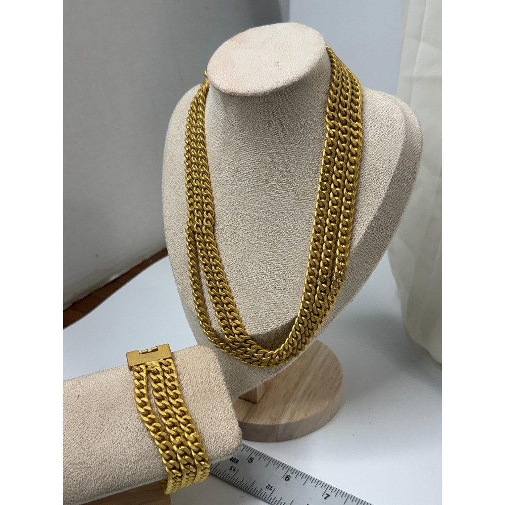 Vintage Matte Gold Tone Triple Strand Curb Chain Necklace and Bracelet Set